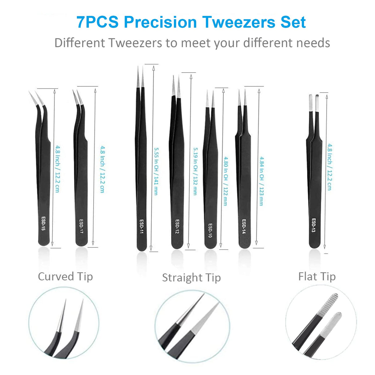 YHYZ 7pcs Precision Tweezers Set, Premium Anti-Static Stainless Steel ESD Tweezers Set Kit for Electronics, Sodlering,Jewelry, Craft, Laboratory YHYZ