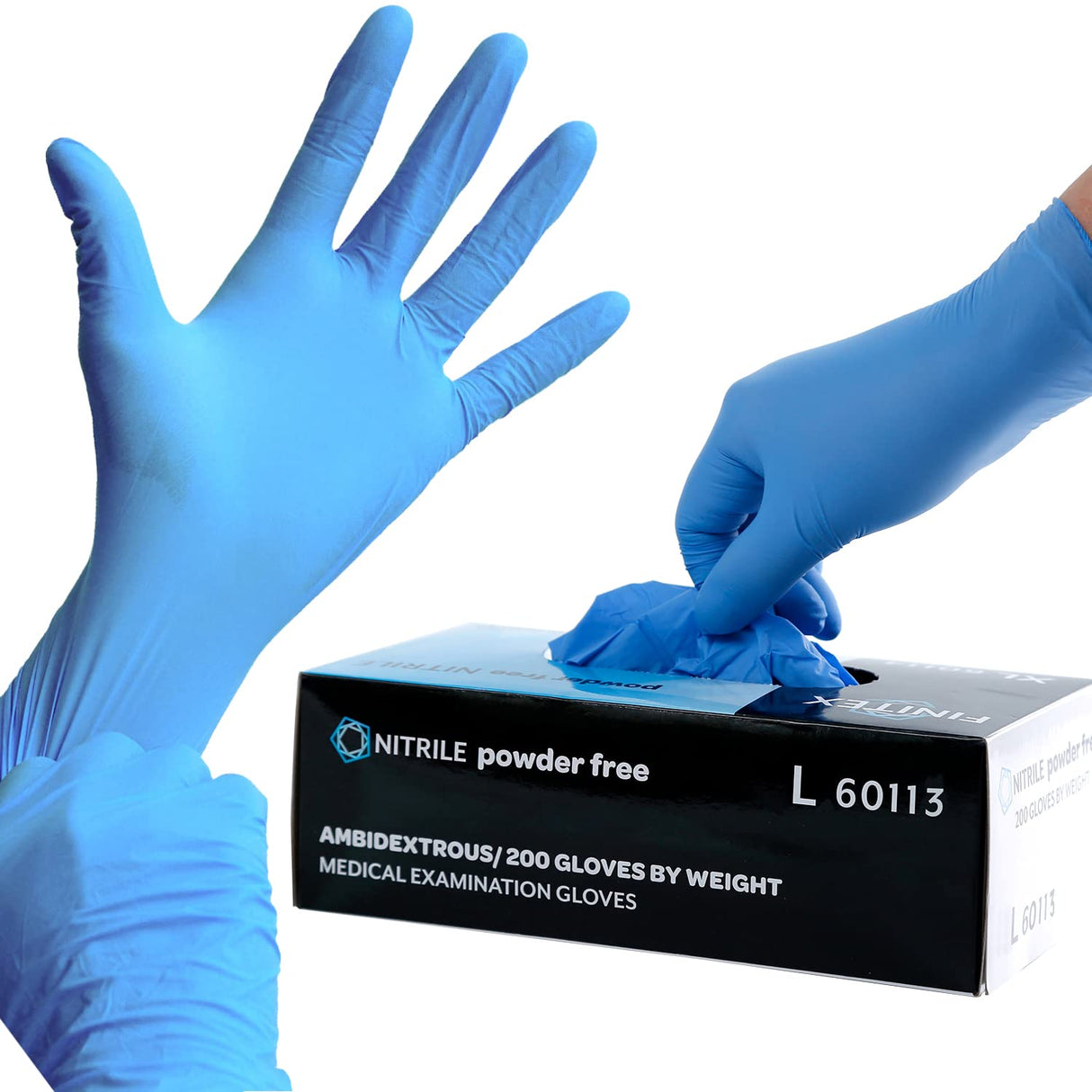 FINITEX Blue Disposable Nitrile Exam Gloves - 200 PCS/BOX 3.5mil Rubber Powder-Free Latex-Free Medical Examination Home Cleaning Food Gloves, X-LARGE FINITEX