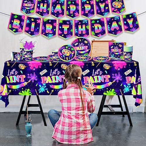 Art Painting Party Supplies,142pcs Paint Splatter Party Tableware Neon Glow Decorations Set Art Party Dessert Plates Paint Splatter Napkins Letâs HAKOTI