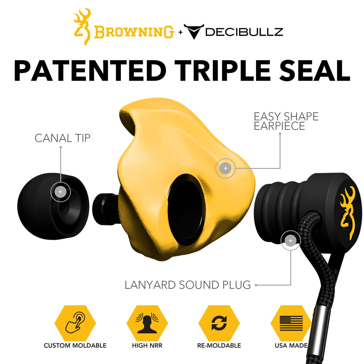Browning Hearing Protection for Shooting by Decibullz Custom-Molded Earplugs, 31-Decibel Noise Reduction Rating (NRR), Includes Lanyard and Travel Decibullz