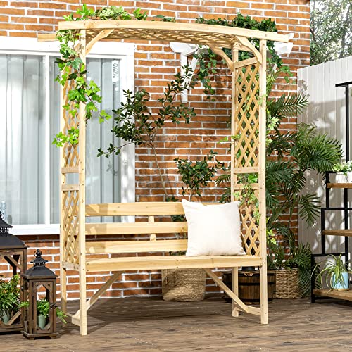 Outsunny Patio Garden Bench Arbor Arch with Pergola and 2 Trellises, 3 Seat Natural Wooden Outdoor Bench for Grape Vines & Climbing Plants, Backyard Outsunny