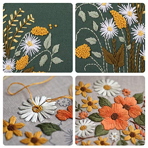 FEPITO 2 Sets Full Range Embroidery Starter Kit with Pattern and Instructions Cross Stitch Kit Includes 2 Pcs Embroidery Clothes with Floral Pattern, FEPITO