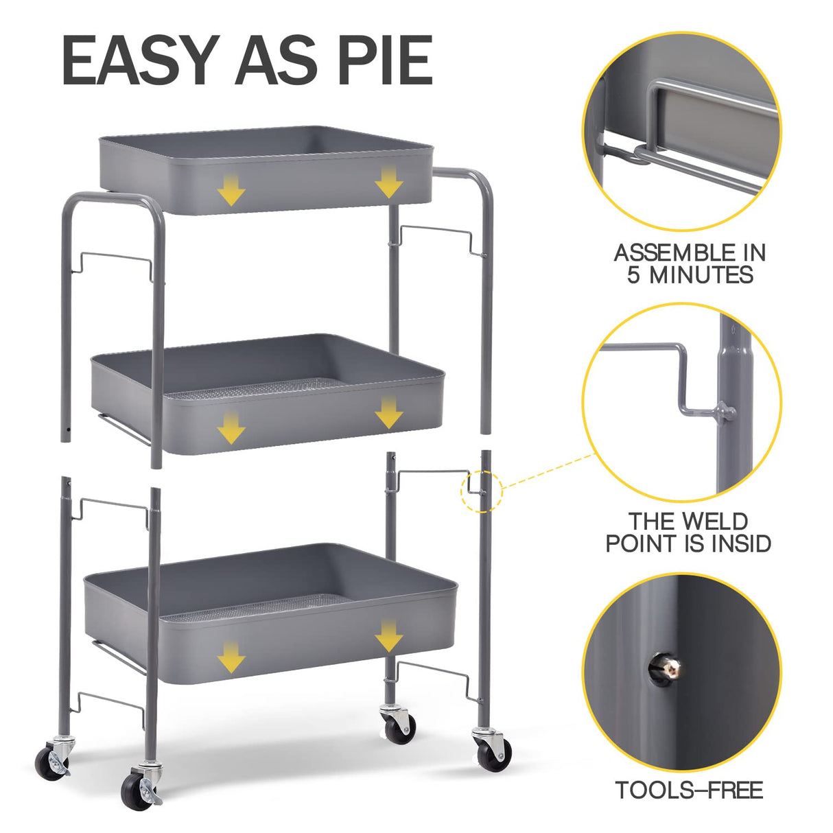 TOOLF 3-Tier Rolling Cart, Metal Utility Cart with Lockable Wheels, Storage Craft Art Cart Trolley Organizer Serving Cart Easy Assembly for Office, TOOLF