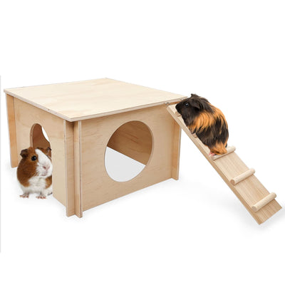 kathson Guinea Pig Hideout, Small Animal Hideaway Wooden House with Window and Ladder, Suitable for Hamsters, Chinchillas Small Animals