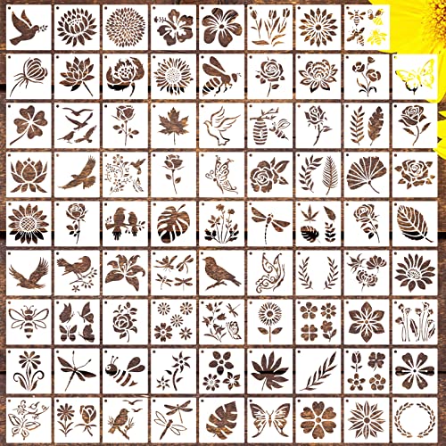 80 Pcs Stencils for Painting on Wood, Reusable Flower Stencils Butterfly Stencils Bird Plastic Stencils Bee Wall Stencil DIY Craft Template Paint DZXCYZ