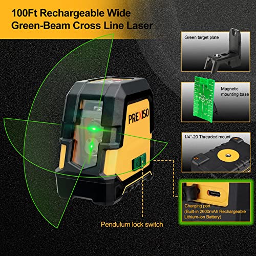 PREXISO Laser Level Self Leveling - 100Ft Rechargeable Cross Line Laser, Green Line leveler Tool for Construction, Floor Tile, Home Renovation with Prexiso