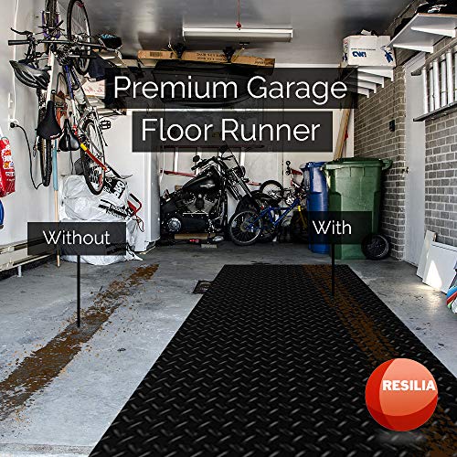 RESILIA Heavy Duty Garage Floor Runner & Protector Mat - Slip-Resistant Grip, Embossed Diamond Plate Pattern, Water & Stain Resistant, Black (4 feet RESILIA