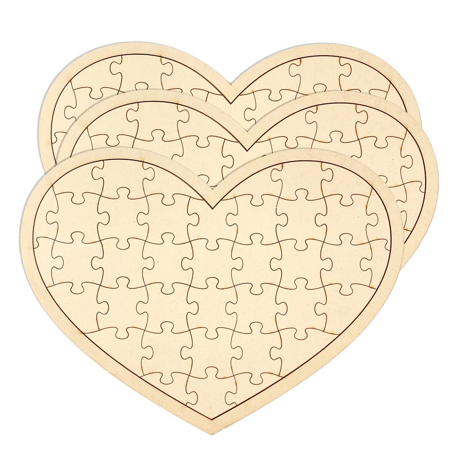 3 Pack Blank Wooden Heart Shaped Jigsaw Puzzle 11.2x8.4 Inch Unfinished Wooden Puzzle Board Wooden Heart Shaped Canvas for DIY Cregugua