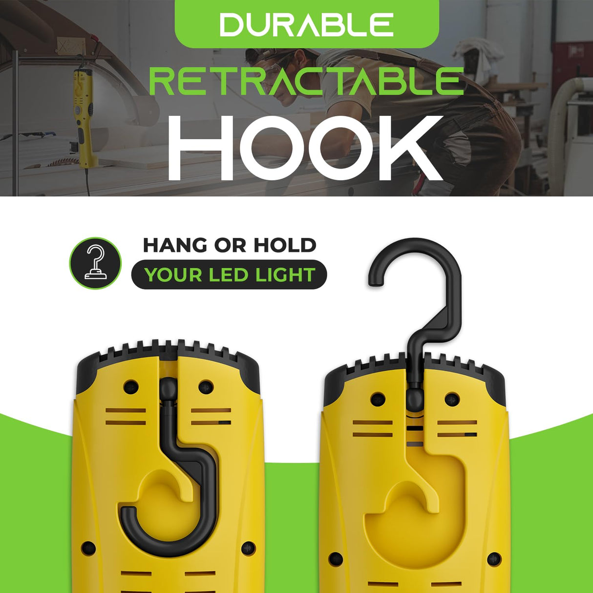 GearIT LED Work Light (15 feet) 1200 Lumen COB LED - 16 Gauge SJTW Indoor/Outdoor NEMA 5-15R Extension Cord - Handheld, Rotating Hanger, Magnetic GearIT