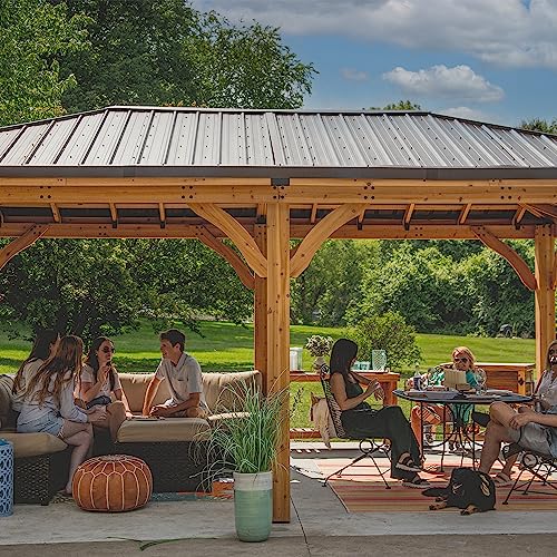 Backyard Discovery Barrington 20 ft. x 12 ft. All Cedar Wood Carport Pavilion Gazebo, Shade, Rain, Hard Top Steel Metal Roof, All Weather Protected, Backyard Discovery