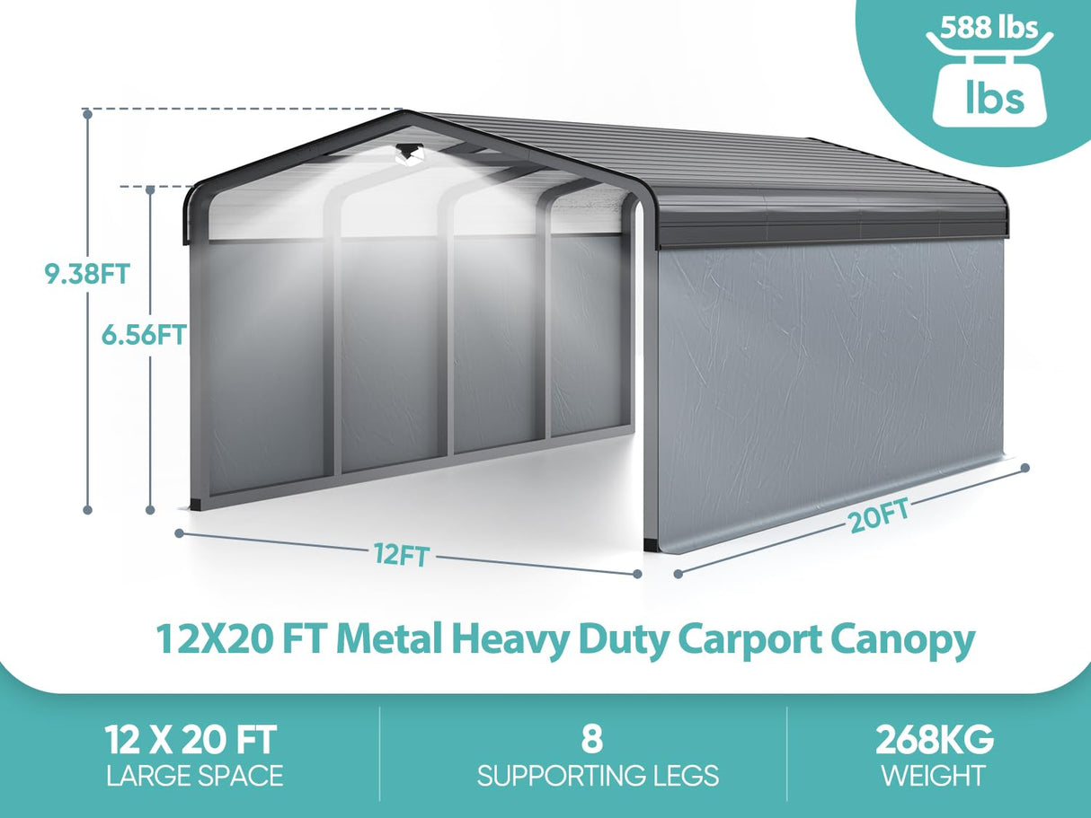 12x20 Metal Heavy Duty Carport - 5 Cases Outdoor Canopy with Galvanized Steel Roof and Metal Carport Kits,Multi-Purpose Extra Large Shade Garage Sannwsg