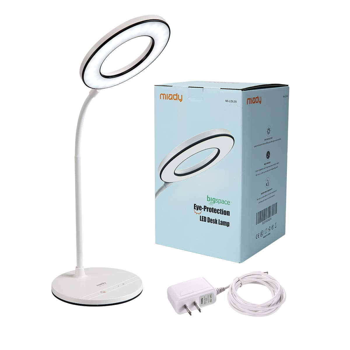 Miady LED Desk Lamp Eye-Caring Table Lamp, 3 Color Modes with 4 Levels of Brightness, Dimmable Office Lamp with Adapter, Touch Control Sensitive, Miady