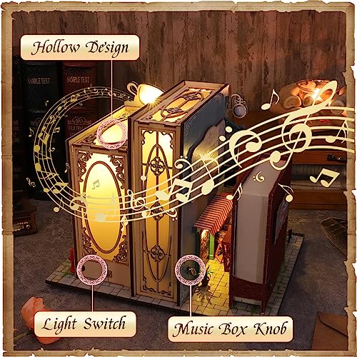 DIY Miniature Dollhouse Kit, Book Nook Kit Tiny House Model with LED Music Box, 3D Wooden Puzzle for Adults, Self-Assembly Bookend Building Set Hallisun