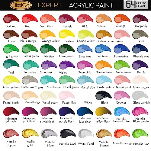 Acrylic Paint Set of 64 Colors 2fl oz 60ml Bottles with 12 Brushes,Non Toxic 64 Colors Acrylic Paint No Fading Rich Pigment for Kids Adults Artists HissiCo