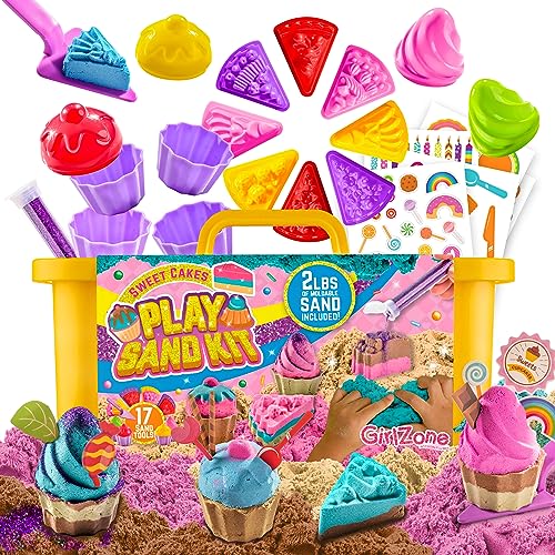 GirlZone Sweet Cakes Play Sand Kit, Fun Sand Box Toys Kit with 2lbs Moldable Sensory Sand and 17 Sandbox Sand Tools, Fun Sand Toys for Toddlers Age GirlZone