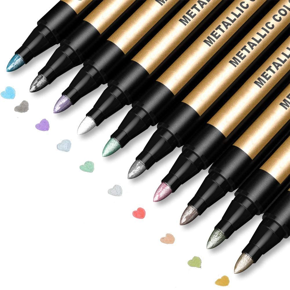 JR.WHITE Metallic Paint Markers, 10 Colors, Acid-Free, Smooth Writing, Ideal for Arts & Crafts, Scrapbooking, DIY Projects, Glass, Wood, Card Making JR.WHITE