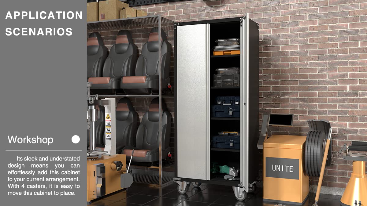 SUXXAN 71" Tall Metal Storage Cabinets with Doors and 4 Adjustable Shelves, Lockable Rolling Cabinet Silver&Black,Home Office Metal Utility Cabinet SUXXAN