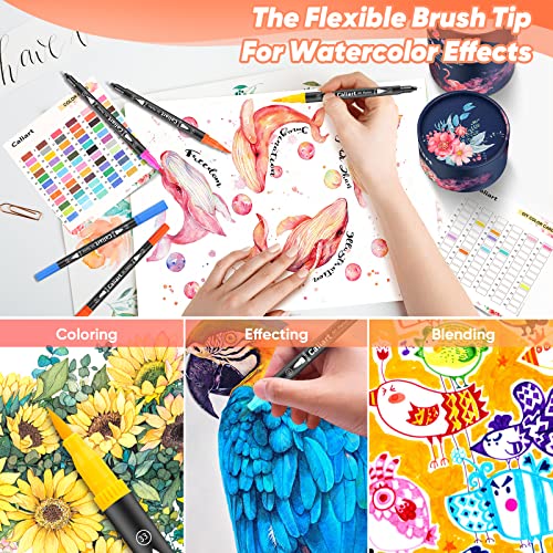 Caliart 72 Dual-Tip Brush Markers Set, Multicolor, 144 Nibs, Easy to Use, Safe, Non-Toxic Caliart