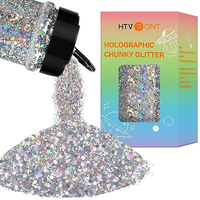 HTVRONT Chunky Glitter for Resin - 200g/7oz Silver Glitter, Designed Shaker Cap Holographic Glitter, Craft Glitter Powder Mixed Chunky Fine Flakes