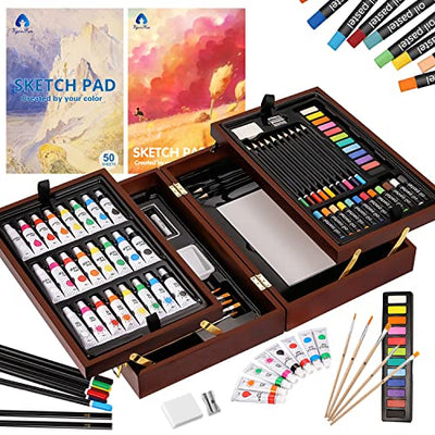 Art Supplies, Vigorfun Deluxe Wooden Art Set Crafts Drawing Painting Kit with 2 Sketch Pads, Oil Pastels, Acrylic, Watercolor Paints, Creative Gifts