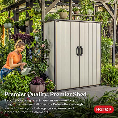 Keter Premier Tall 4.6 x 5.6 ft. Resin Outdoor Storage Shed with Shelving Brackets for Patio Furniture, Pool Accessories, and Bikes, Grey & Black Keter
