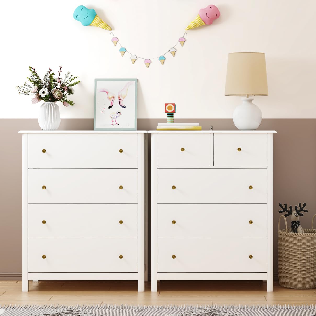HOUSUIT White Dresser with 5 Drawers, Tall Dresser Chest of Drawers, 5 Drawer Dresser with Deep Space, Wood Dresser Storage Cabinet for Living Room, HOUSUIT