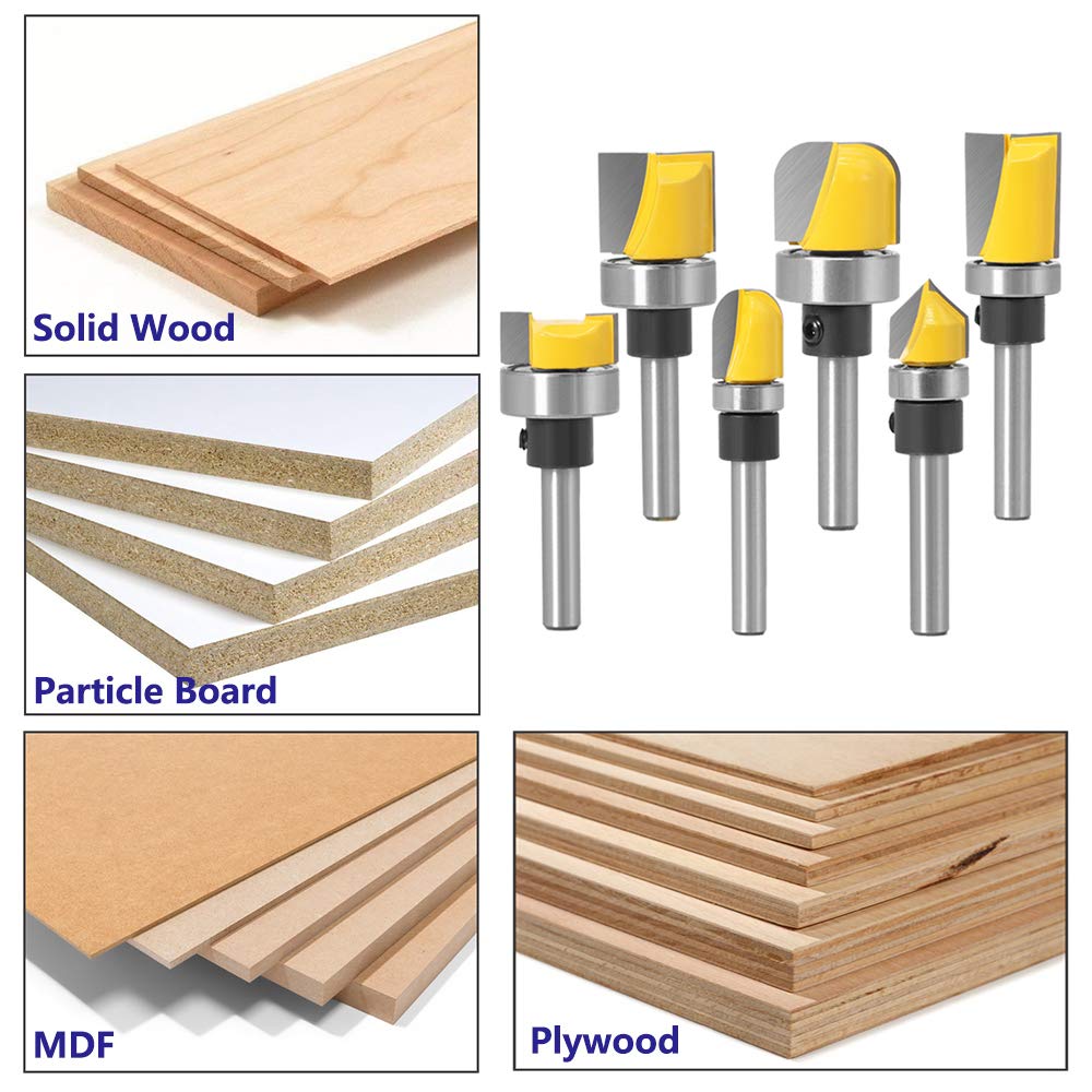 Yakamoz 6Pcs Assorted Edge 1/4 Inch Shank Treatment Grooving Router Bit Set with Bearings Hinge Mortising Flush Trim, Bowl and Tray & V Groove YAKAMOZ