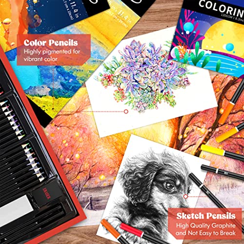 Caliart Art Supplies, 153-Pack Deluxe Wooden Art Set Crafts Drawing Painting Coloring Supplies Kit with 2 A4 Sketch Pads, Halloween Creative Gift Box Caliart