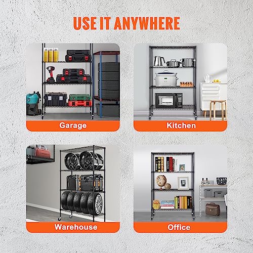 VEVOR Storage Shelving Unit with Wheels, 4-Tier Adjustable, 700 lbs Capacity, Heavy Duty Garage Shelves Metal Organizer Wire Rack, Black, 48" L x 18" VEVOR