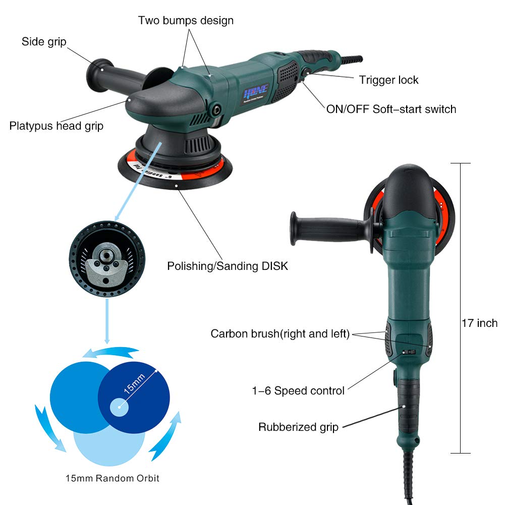 HONE Car Polisher, 15mm Long-Throw Random Orbital Polisher, Buffer for Car Detailing,6"/5"/850W Dual Action Polisher with Variable Speed-HNPR615B HONE