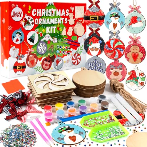 GuassLee DIY Christmas Tree Ornaments Set - Wooden Unfinished Christmas Crafts with Crystal Christmas Patterns for Kids Crafting Painting Christmas