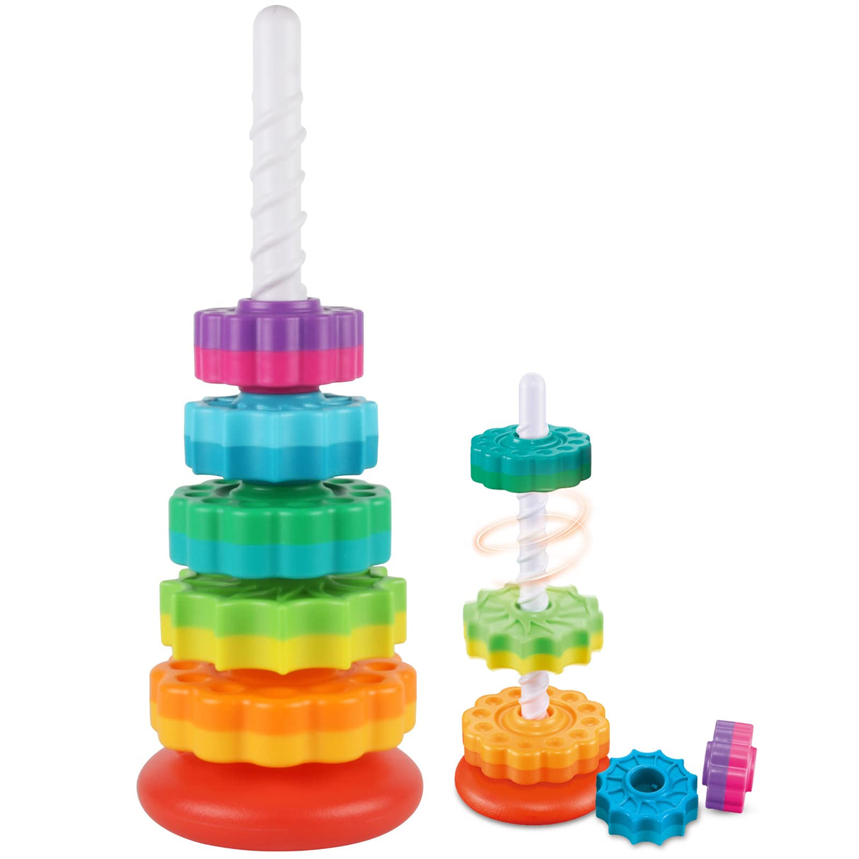JUXUE Baby Spinning Stacking Toys for Toddlers 1-3, Rainbow Ring Stacker Montessori Toys for Babies 6-12 Months, 1 2 3 One Year Old Girl Boy JUXUE