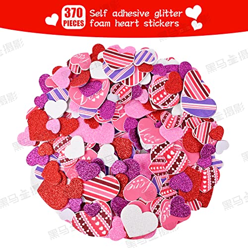386 Pcs Valentine's Foam Heart Stickers Kit Includes 370 Pcs Glitter Self-Adhesive Heart Foam Stickers and 16 Pcs Colorful Large Foam Hearts for Lecferrarc