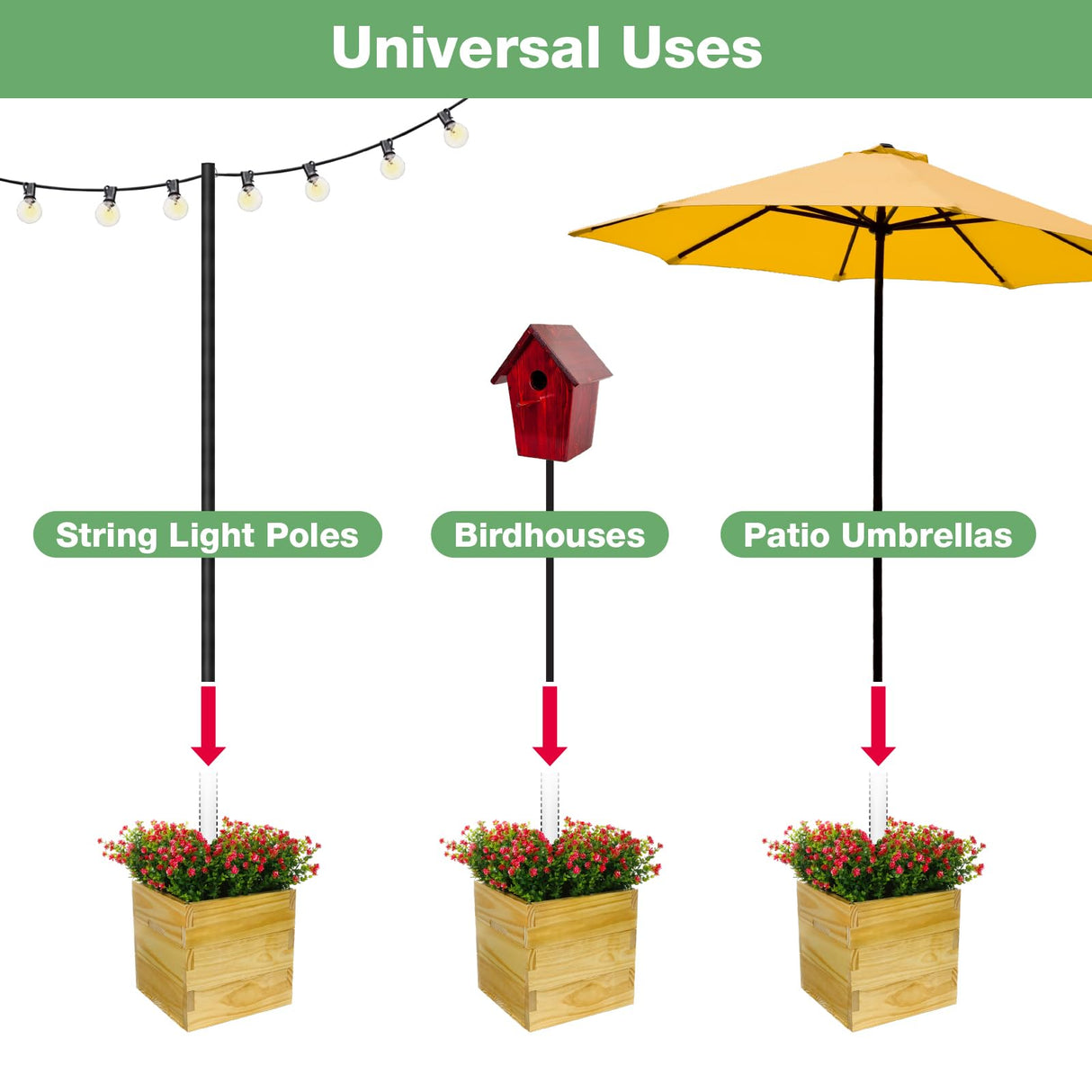 EXCELLO GLOBAL PRODUCTS Extra Large Decorative Wooden Planter, Universal Pole Support for String Light Poles Umbrella Bird Feeders Solid Wood Outdoor EXCELLO GLOBAL PRODUCTS