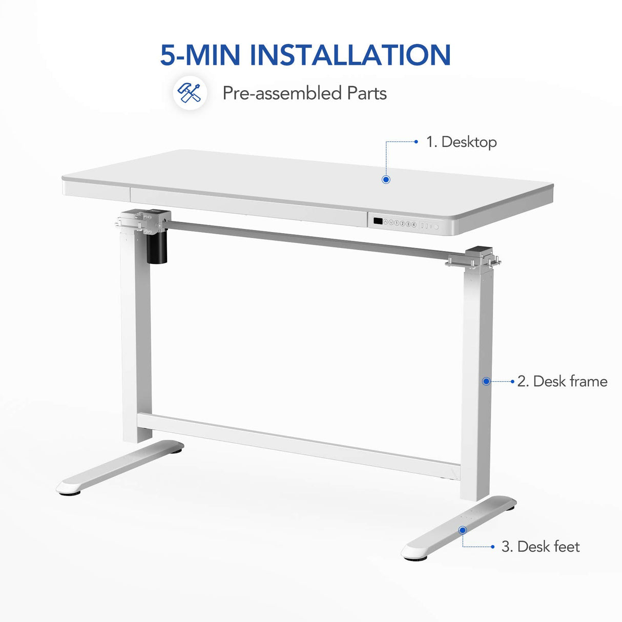 SANODESK Standing Desk with Drawer, Electric Height Adjustable Home Office Desk with Storage & USB Ports, 48 inch White Wood Tabletop/White Frame SANODESK
