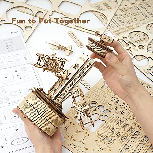 ROKR 3D Wooden Puzzles for Adults Mechanical Music Box-Airplane Tower, DIY Rotating Music Box Model Building Kits for Teens, DIY Crafts/Hobbies/Gifts ROKR