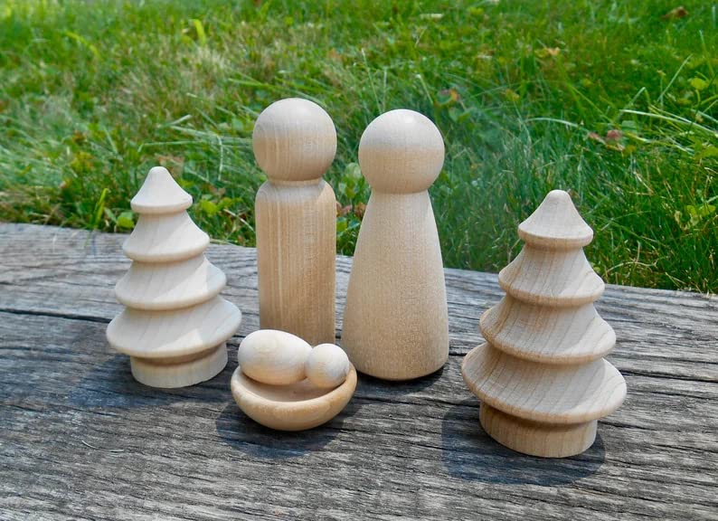 Nativity Wood Dolls, Baby Jesus and Manger, Mary, Joseph, 2 Blank Sheep, 3 Wisemen, 2 Miniature Trees, DIY Peg Dolls, Unfinished Pegs Generic