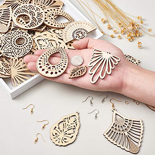 Elecrelive 48pcs Unfinished Wooden Dangle Earring Making Kit 8 Styles Burlywood Filigree Earrings Pendants Blank with Jump rings & Earring Hooks for EEE ELECRELIVE