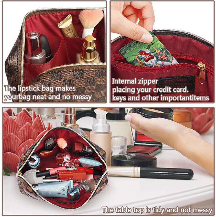 BAGCRAZY Makeup Bag, Cosmetic Bag, Portable Leather Large Checkered Makeup Bag, 2 Pack Large Capacity Travel Cosmetic Bag for Women, Lightweight BAGCRAZY