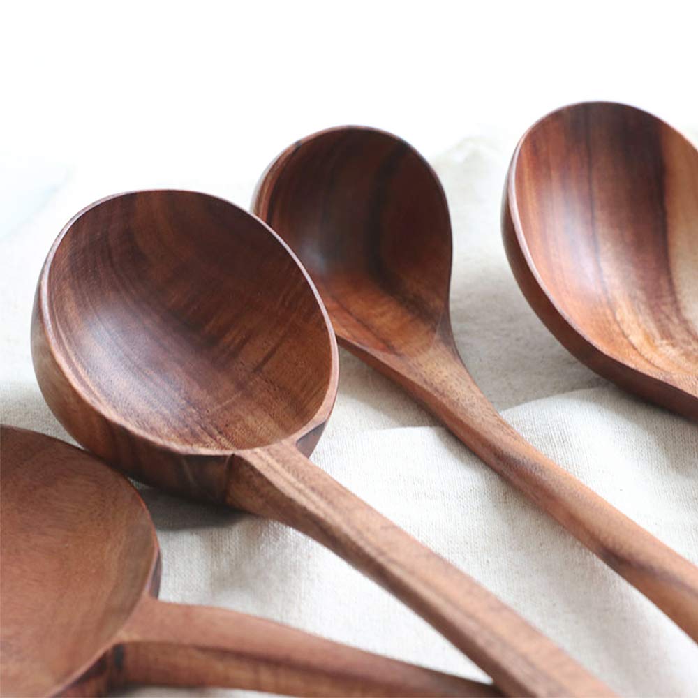FJNATINH Wooden Soup Ladle Set, Kitchen Spoon Set Utensils, 4 Pcs Handmade Natural Teak Cooking Spoons, Long Handle Wooden Soup Ladle Spoon FJNATINH