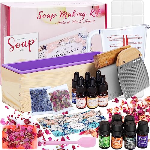 DIY Soap Making Kit, Soap Making Supplies with 3.3 lbs Soap Base, Soap Mold, Glass Measuring Cup, Liquid Dyes, Wavy Straight Scraper, Silicone SOLIGT