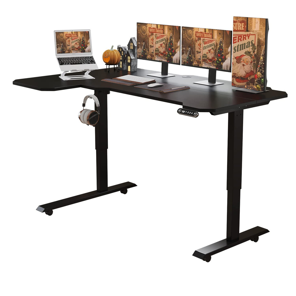 BUNOEM L-Shaped 59" Height Adjustable Electric Standing Desk, Sit and Stand Up Computer Desk For Home Office with Splice Board (Black Top, Black BUNOEM