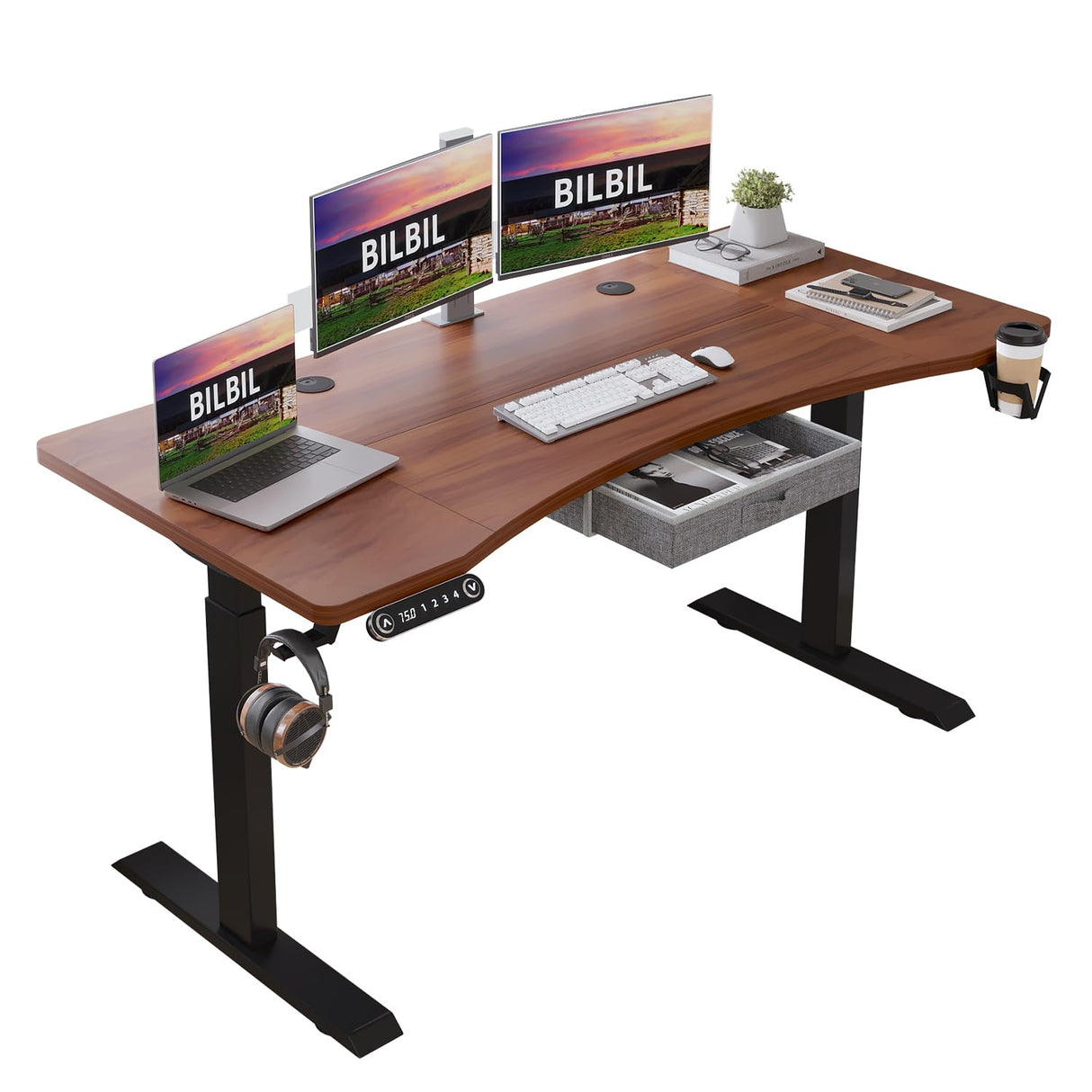 bilbil 63x30 Inches Dual Motor Electric Standing Desk with Drawer, Height Adjustable Sit Stand Up Desk with 4 Splice Boards, Home Office Desk bilbil