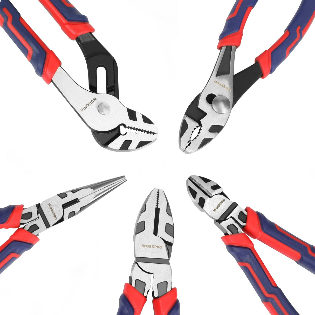 WORKPRO Pliers Set, Premium Cr-V Construction, Includes 6 Inch Slip Joint Pliers, 6 Inch Long Nose, 6 Inch Diagonal Cutting, 8 Inch Groove Joint, 7 WORKPRO