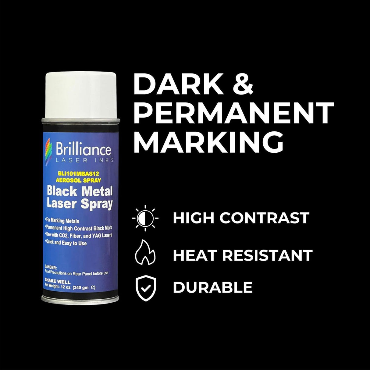 12 Oz - BLI101 - Aerosol Black Laser Ink for Metals Marking - CO2 Laser - Fiber Laser - YAG, Durable, Permanent, High Contrast, Brilliance Laser Inks BRILLIANCE LASER INKS