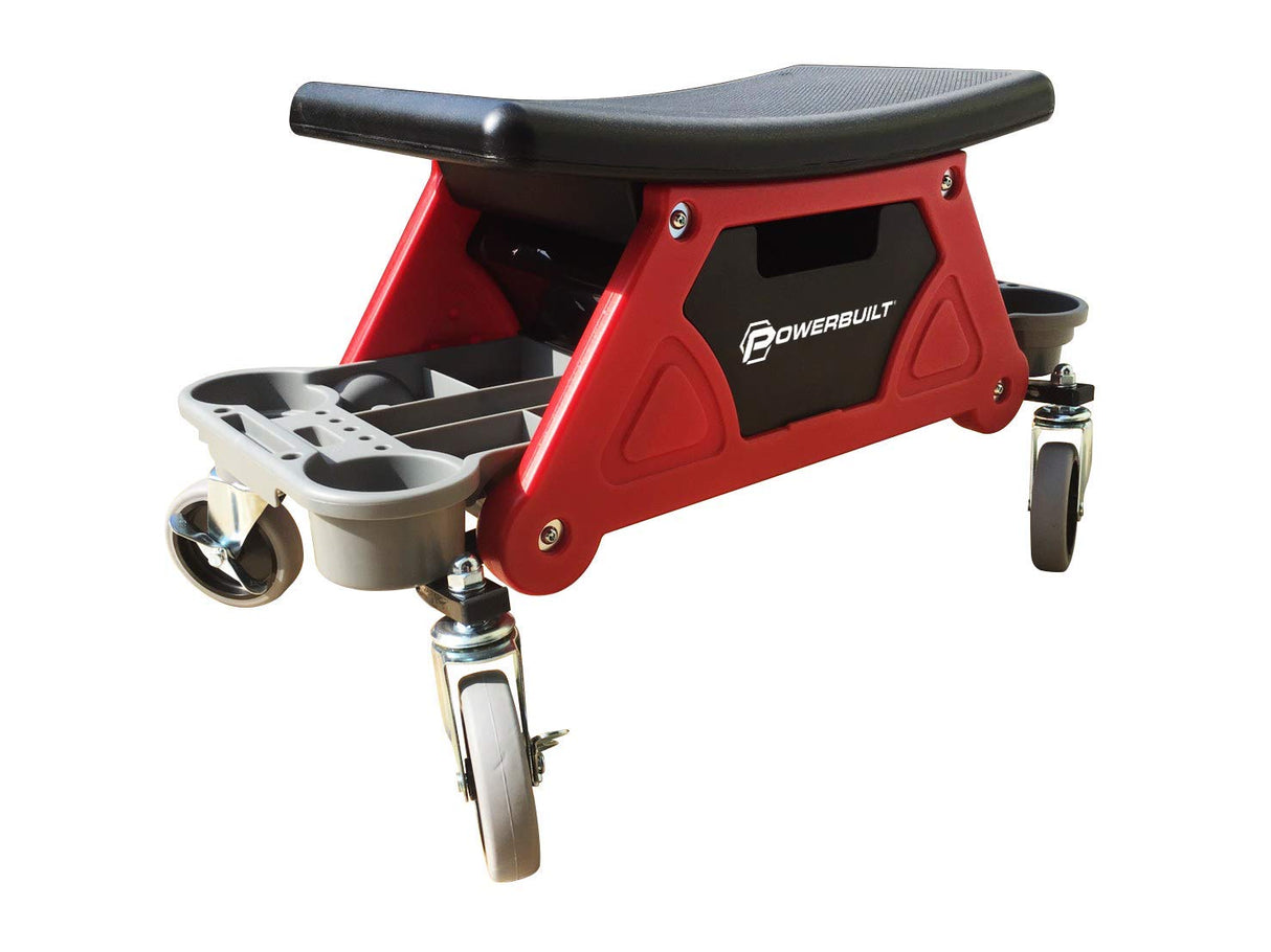 Powerbuilt Heavy Duty Roller Mechanics Seat and Brake Stool with 4-in. Rubber Swivel Casters Roll Over Anything, Big Seating Platform, Slide Out Tool Powerbuilt