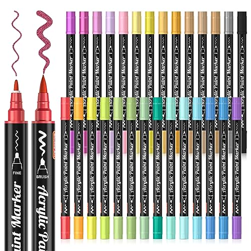 28 Metallic Colors Dual Tip Acrylic Paint Markers, Brush Tip and Fine Tip Acrylic Paint Pens for Rock Painting, Ceramic, Wood, Canvas, Plastic, Shuttle Art