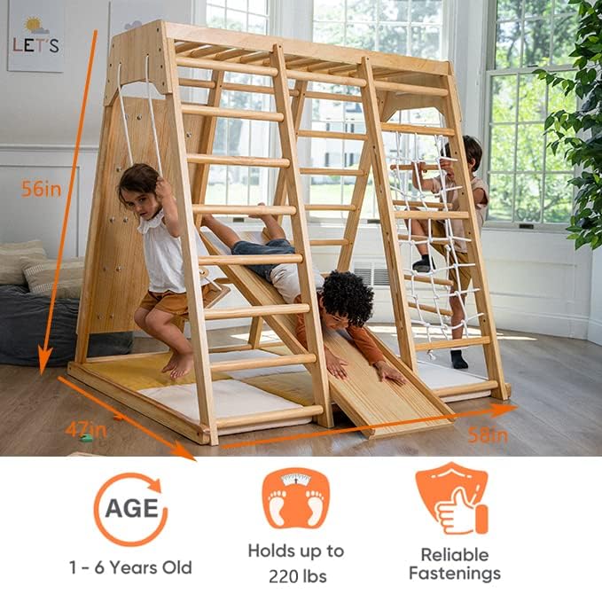 Avenlur Magnolia Indoor Playground 6-in-1 Jungle Gym Montessori Waldorf Style Wooden Climber Playset Slide, Rock Climbing Wall, Rope Wall Climber, Avenlur