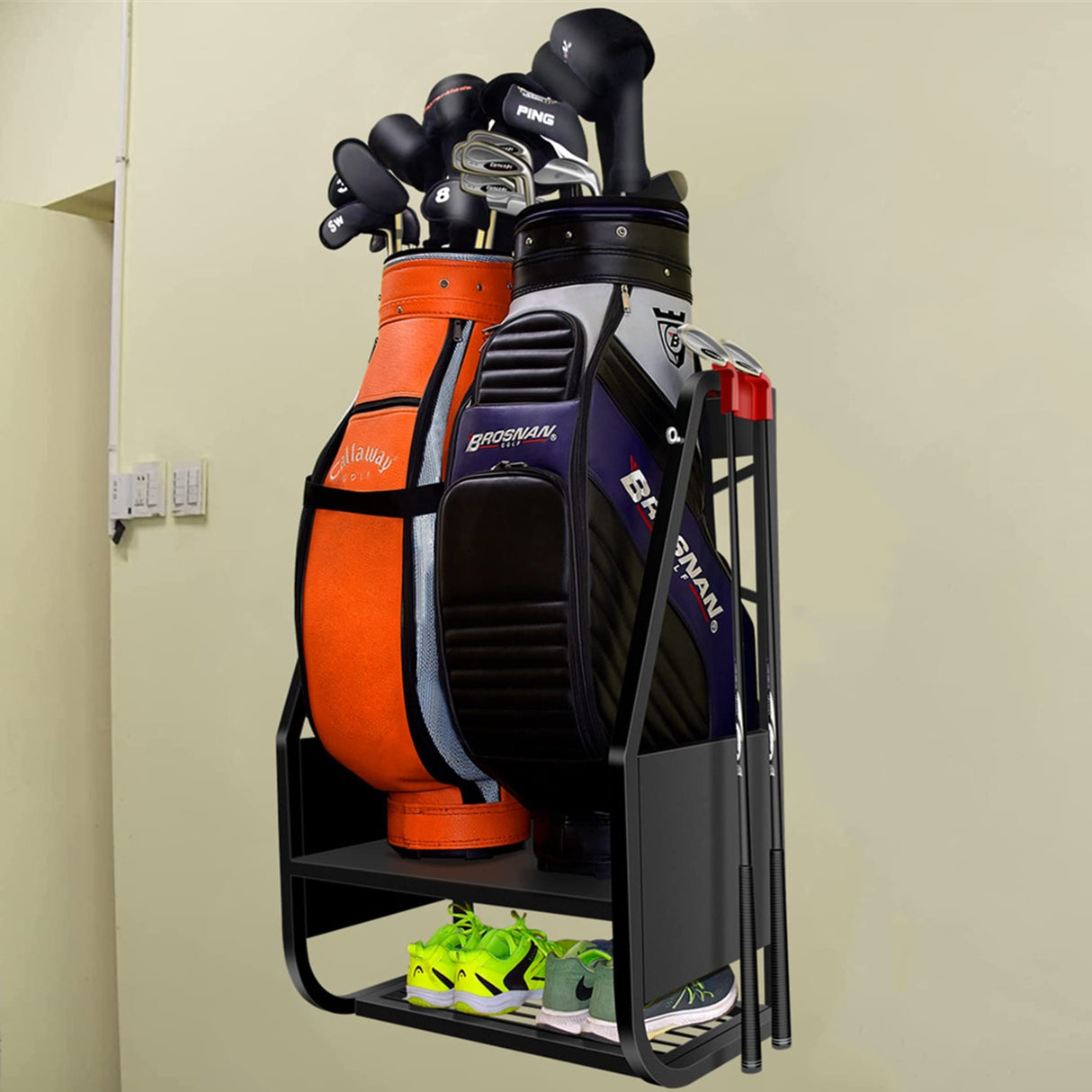 WALMANN Wall Mount Golf Bag Organizer for Garage, Extra Large 2 Golf Bag Stand Golf Equipment and Accessories Storage Rack for Garage Shed Basement WALMANN