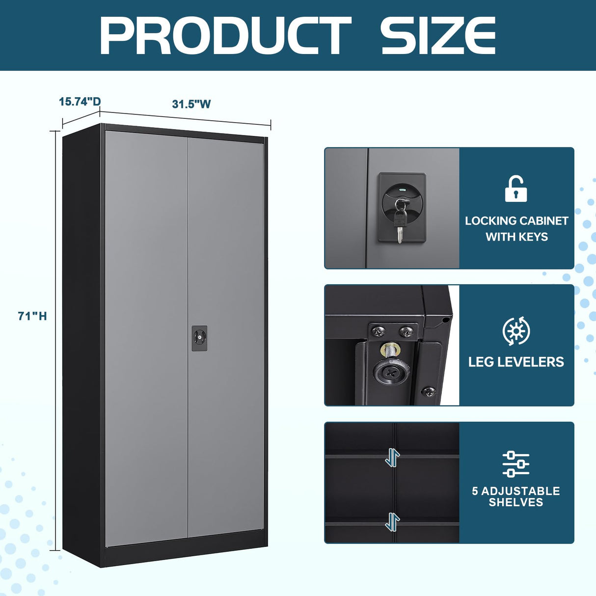 MIIIKO Metal Storage Cabinet with Locking Doors, Black Garage Lockable Steel Cabinets with 4 Doors and 5 Shelves for Home, Garage, Pantry Workshop MIIIKO